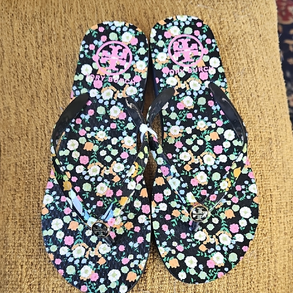 Tory Burch Floral Black Slippers